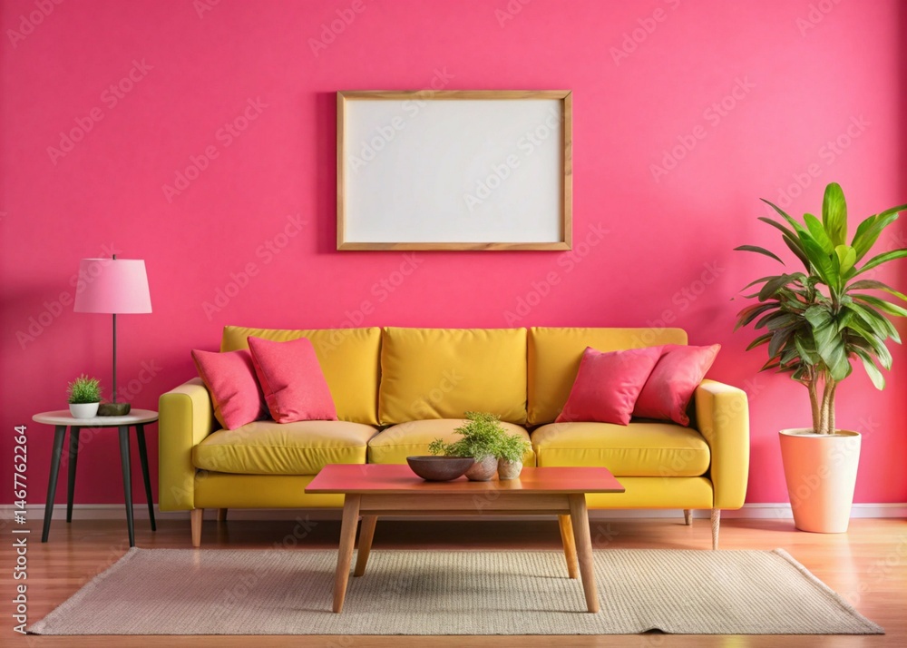 Vibrant Pink Living Room Interior Design with Yellow Sofa and Plants Vibrant Pink Living Room Interior Design with Yellow Sofa and Plants