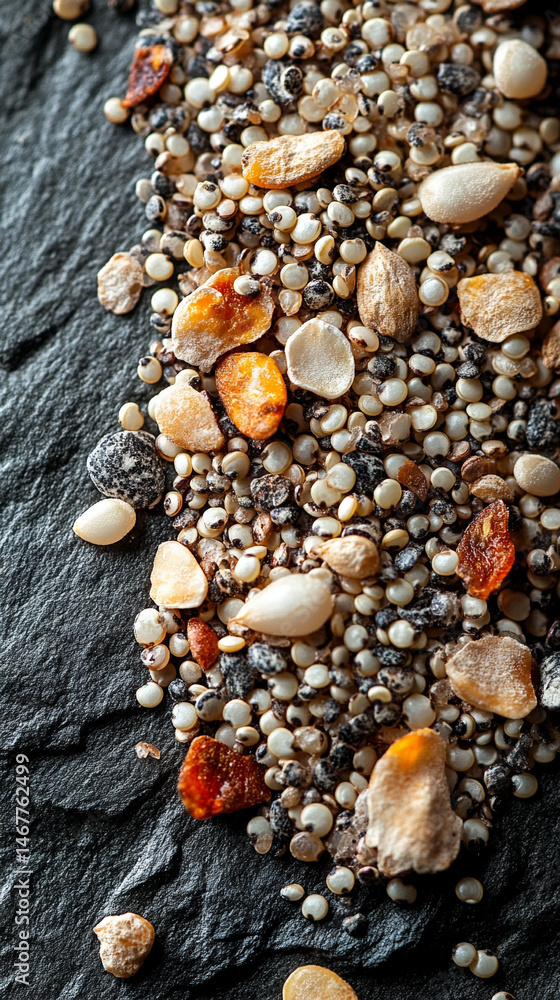 Close-up of raw white quinoa seeds showing detailed texture and natural pattern. Symbolizes health, nutrition, and organic simplicity in a wholesome superfood background for culinary or wellness theme