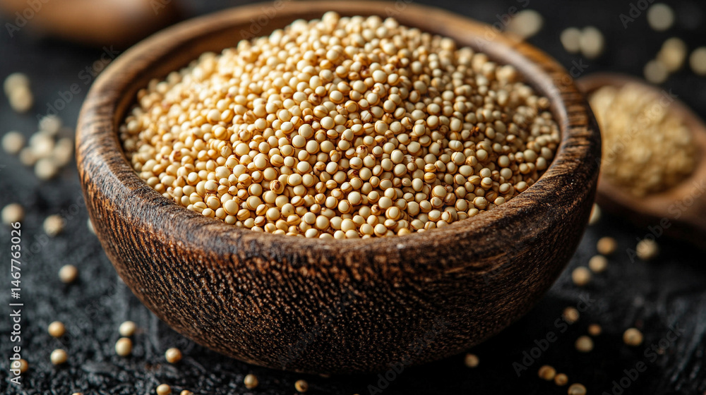 Close-up of raw white quinoa seeds showing detailed texture and natural pattern. Symbolizes health, nutrition, and organic simplicity in a wholesome superfood background for culinary or wellness theme