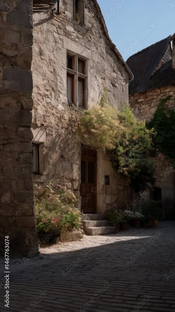 Quaint European village scene showing stone buildings, stairs, potted plants, and wooden door with light filtering through shadowed cobblestone street. Quaint European village scene showing stone buildings, stairs, potted plants, and wooden door with light filtering through shadowed cobblestone street.