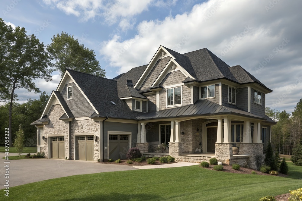 Elegant Two-Story House with Grey Siding and Stone Accents Elegant Two-Story House with Grey Siding and Stone Accents