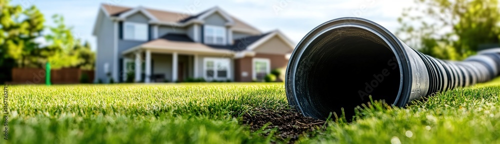 Fototapeta premium A black corrugated pipe lies on a lush green lawn, with a well-maintained two-story house in the background, including a garage and windows, and some greenery and another house around.
