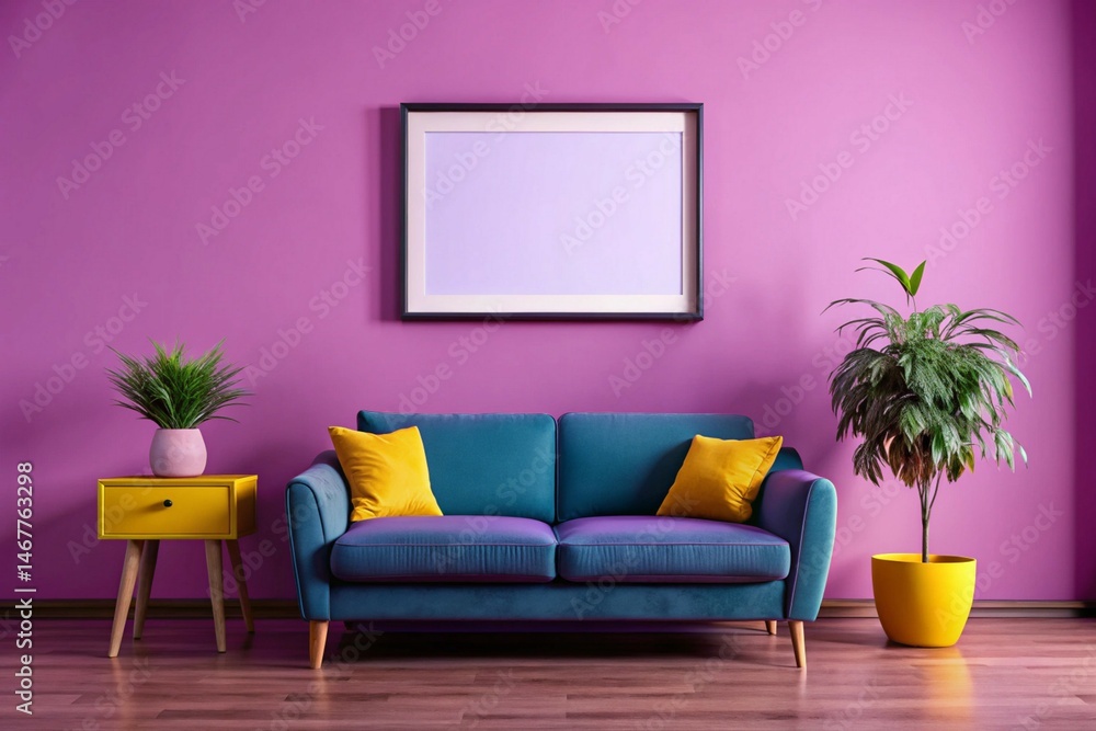 Modern living room interior design featuring a teal sofa, purple walls, yellow accents, and potted plants. Modern living room interior design featuring a teal sofa, purple walls, yellow accents, and potted plants.