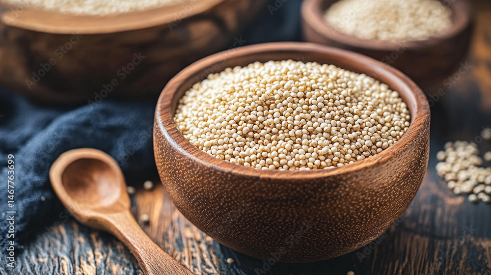 Close-up of raw white quinoa seeds showing detailed texture and natural pattern. Symbolizes health, nutrition, and organic simplicity in a wholesome superfood background for culinary or wellness theme