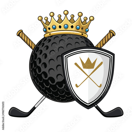 A golf ball wearing a tiny crown, with crossed golf clubs resting on a small, partially visible surface.  Whimsical, cartoonish style.
