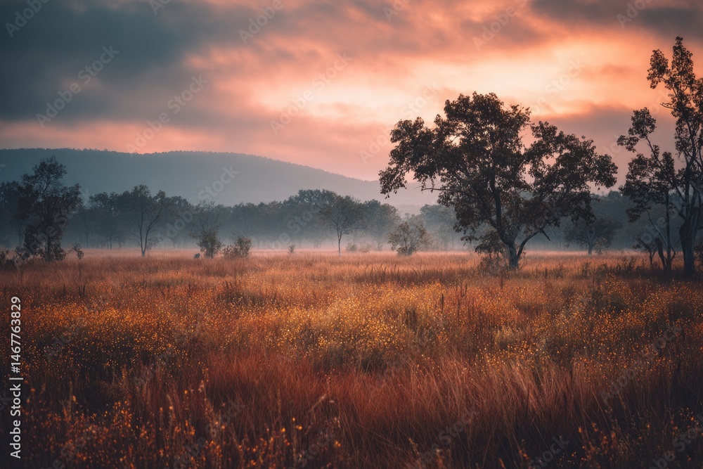 Misty autumn sunrise over a field Misty autumn sunrise over a field