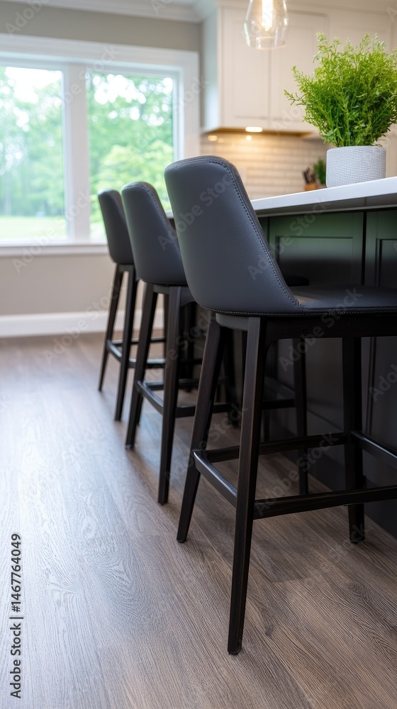 Fototapeta premium Modern kitchen island with stylish counter stools interior design