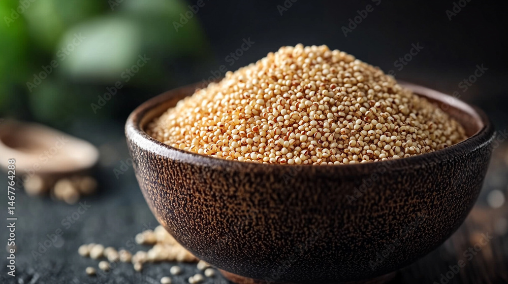 Close-up of raw white quinoa seeds showing detailed texture and natural pattern. Symbolizes health, nutrition, and organic simplicity in a wholesome superfood background for culinary or wellness theme