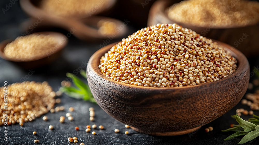 Close-up of raw white quinoa seeds showing detailed texture and natural pattern. Symbolizes health, nutrition, and organic simplicity in a wholesome superfood background for culinary or wellness theme