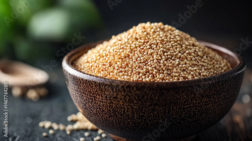 Obraz na płótnie Close-up of raw white quinoa seeds showing detailed texture and natural pattern. Symbolizes health, nutrition, and organic simplicity in a wholesome superfood background for culinary or wellness theme w salonie