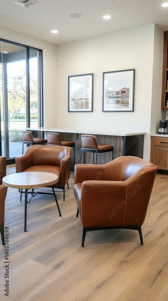 Fototapeta premium Modern lounge area with leather armchairs interior design and comfortable seating
