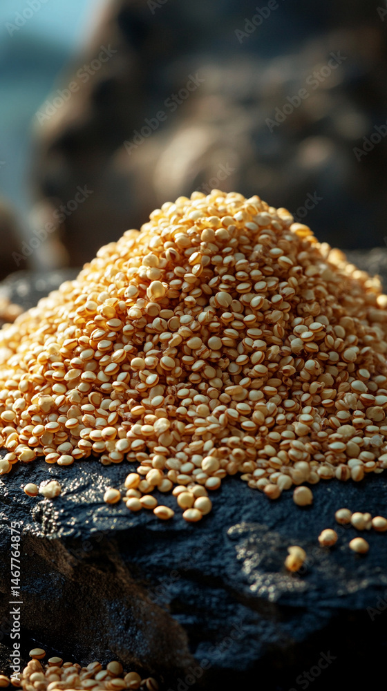 Close-up of raw white quinoa seeds showing detailed texture and natural pattern. Symbolizes health, nutrition, and organic simplicity in a wholesome superfood background for culinary or wellness theme
