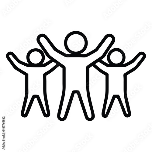 Three outline people are raising their arms together in a simple, powerful unity