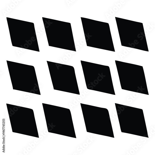 Twelve geometric rhombus shapes are arranged in a structured grid formation on white