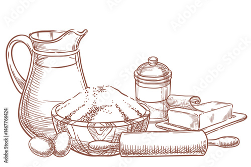 Baking and cooking ingredients. Vector hand drawn sketch illustration of flour, milk, butter, sugar, eggs