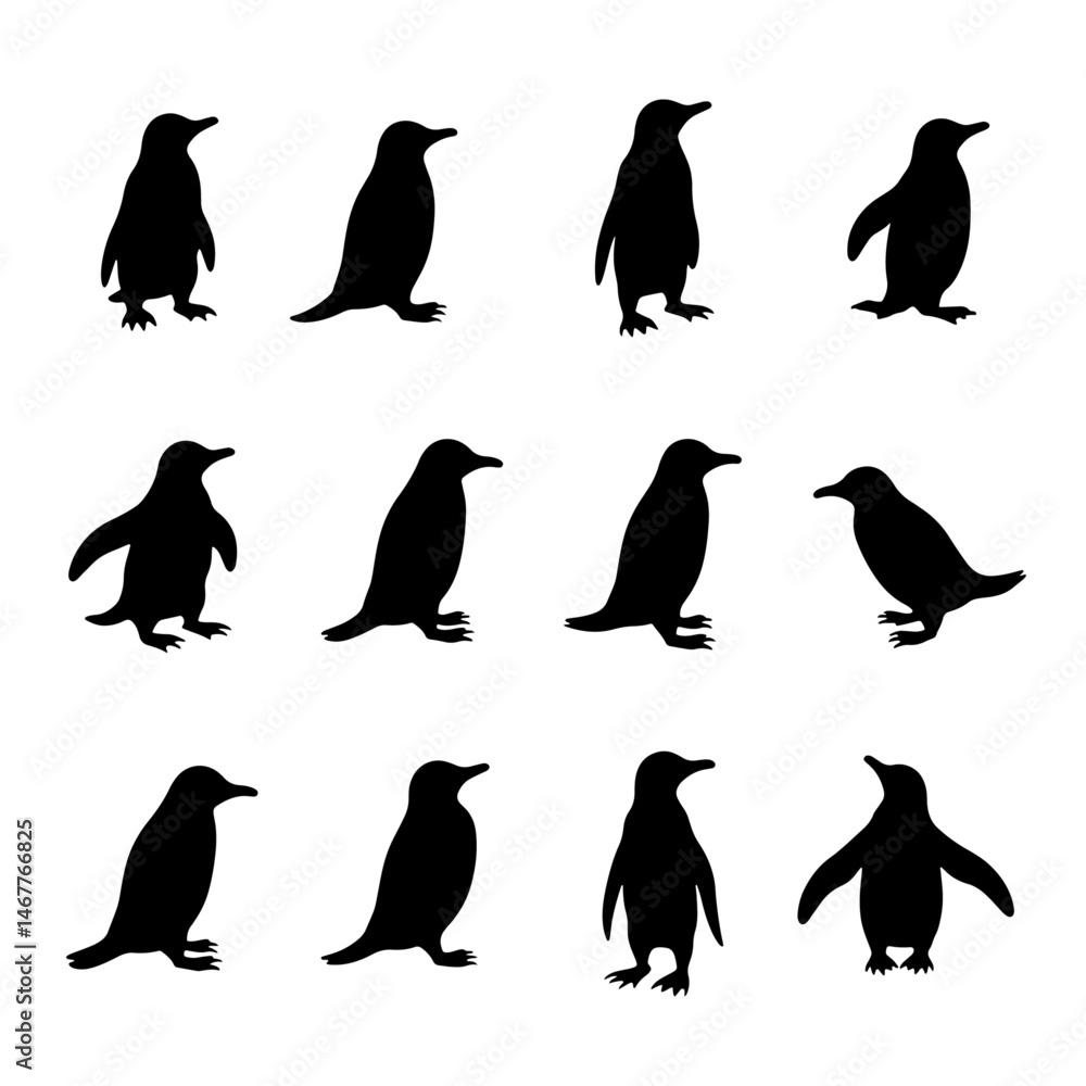 Naklejka premium Set Penguins silhouette isolated vector on white background
