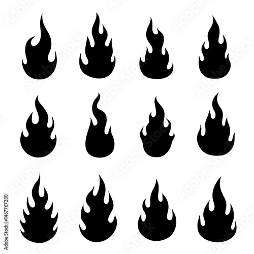Vector illustration of simple fire silhouette on white background icon vector set. Fire flame symbol. Flame icon collection