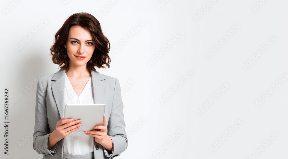 Confident Businesswoman Holding Tablet: Modern Minimalist Portrait Confident Businesswoman Holding Tablet: Modern Minimalist Portrait