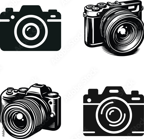 Vintage and Modern Digital Camera Set. Black and White Engraved Style Vector Illustrations
