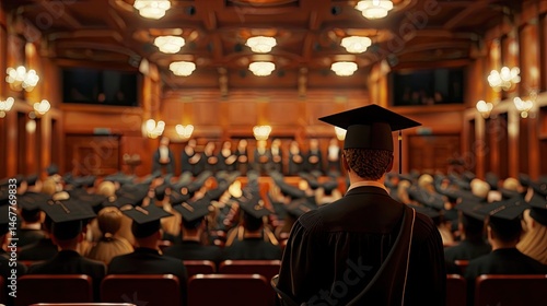 A graduation ceremony with graduates in black gowns and caps in a grand hall with wood paneling