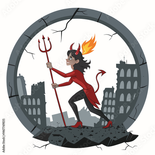A captivating illustration of a rebellious devil girl, adorned with a fiery crown and wielding a pitchfork, exuding power and defiance.