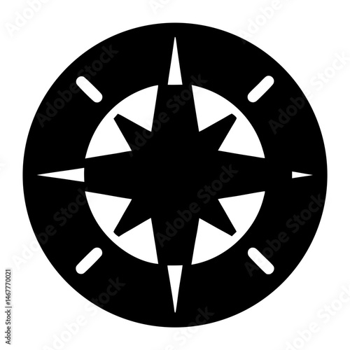 Monochrome Compass Rose with Intermediate Points and Circular Frame Illustration
