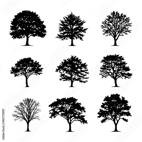 Set Tree set silhouette vector on white background