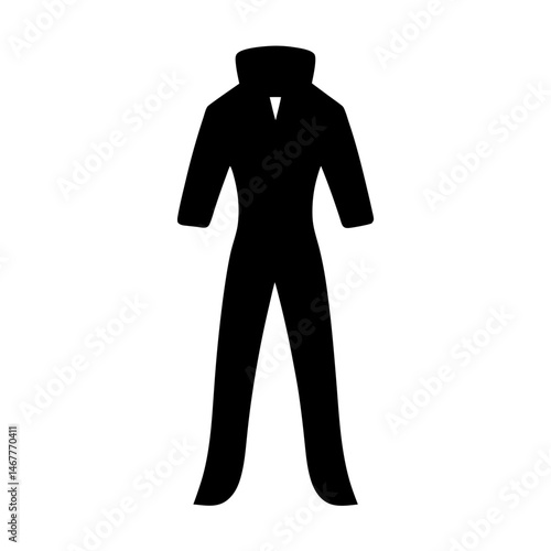 A bold black silhouette of a full body suit with collar