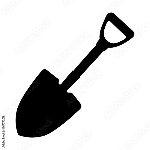 Black silhouette of a shovel with D shaped handle on white backdrop