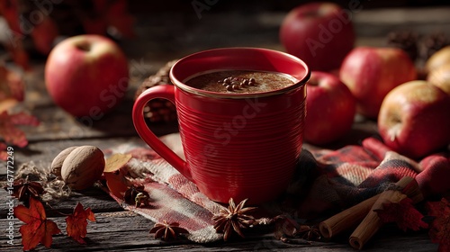 High-detail food photography of red coffee mug beside apples and spices on wooden table with fall background.
