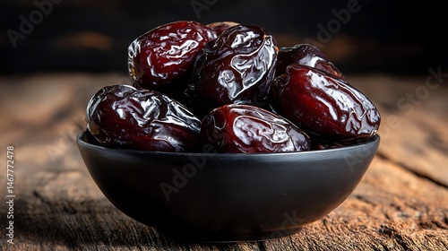 High-resolution close-up of glossy dates stacked in a black bowl, dramatic lighting and deep contrast against wooden texture.