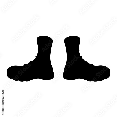 Silhouette of two boots, black and white, suggesting rugged adventure gear