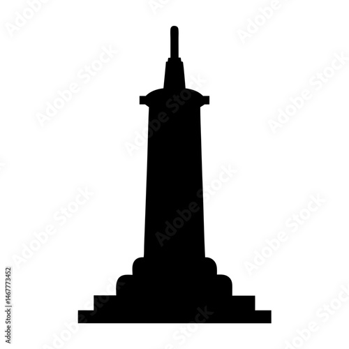 Silhouette of a monumental obelisk standing on a layered platform structure