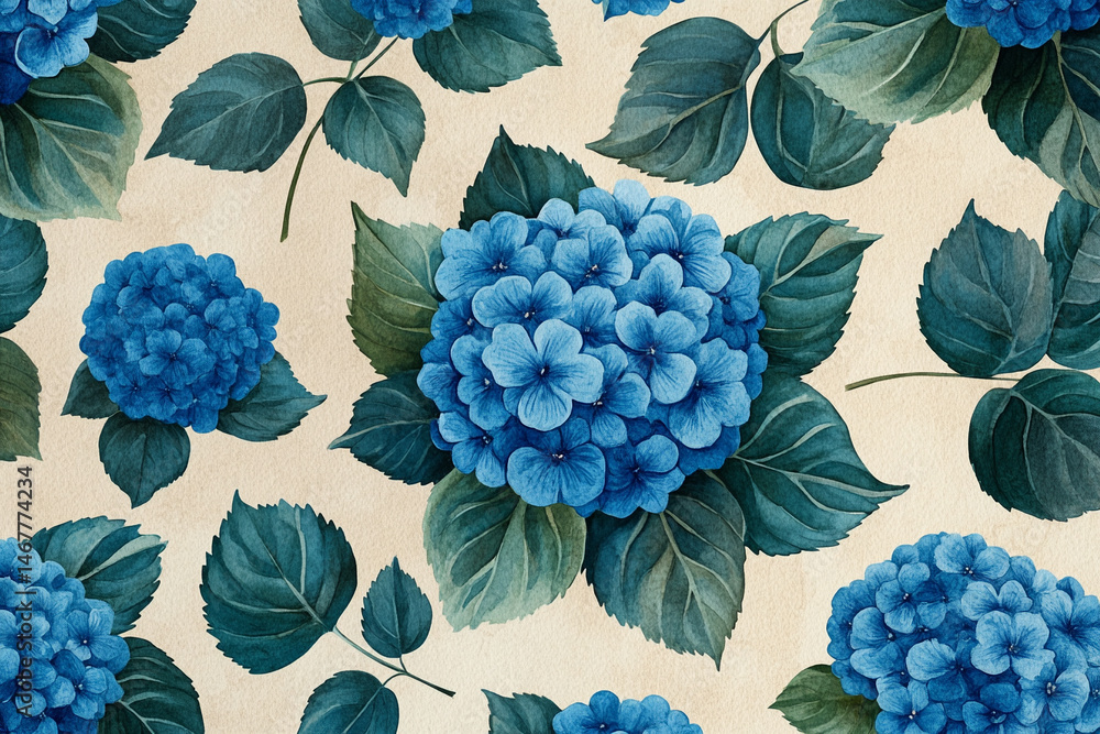 Seamless pattern of watercolor blue hydrangeas creates a soft, elegant floral design. Symbolizes grace, gratitude, and heartfelt emotion in a timeless botanical aesthetic for prints or decor.