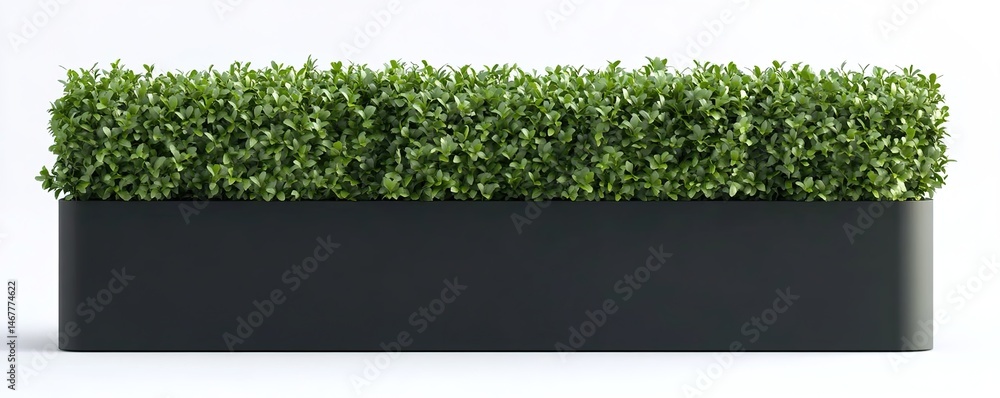 Obraz premium Black rectangular planter with dense green plants on white background.