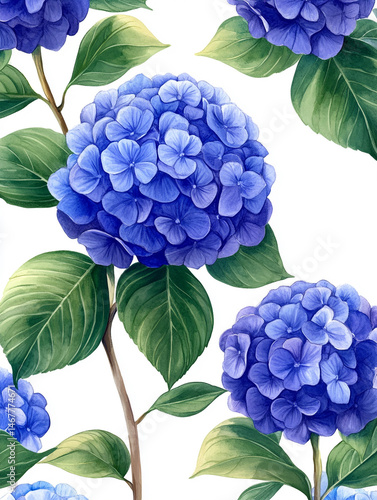 Seamless pattern of watercolor blue hydrangeas creates a soft, elegant floral design. Symbolizes grace, gratitude, and heartfelt emotion in a timeless botanical aesthetic for prints or decor.

