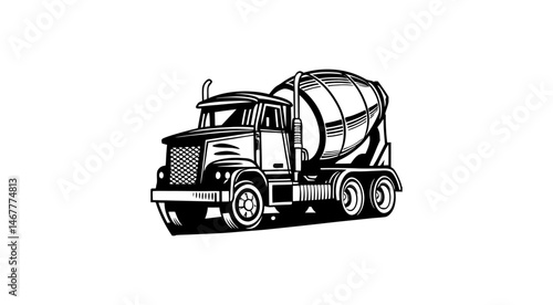Detailed Black and White Concrete Mixer Truck Illustration – Perfect for Construction Industry, Branding, and Graphic Design