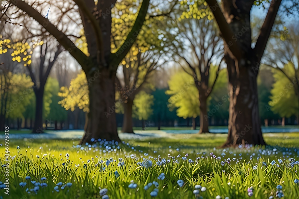 Obraz premium Sunlight filters through the oak branches, illuminating the yellow leaves scattered on the grass of the park, a beautiful blend of spring's potential and autumn's gentle decline in nature's landscape