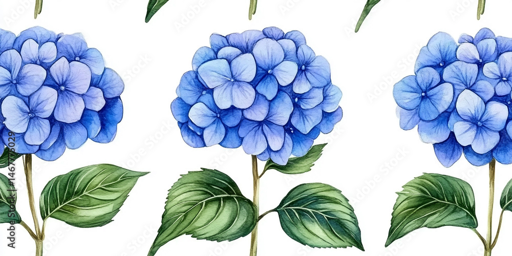 Seamless pattern of watercolor blue hydrangeas creates a soft, elegant floral design. Symbolizes grace, gratitude, and heartfelt emotion in a timeless botanical aesthetic for prints or decor.