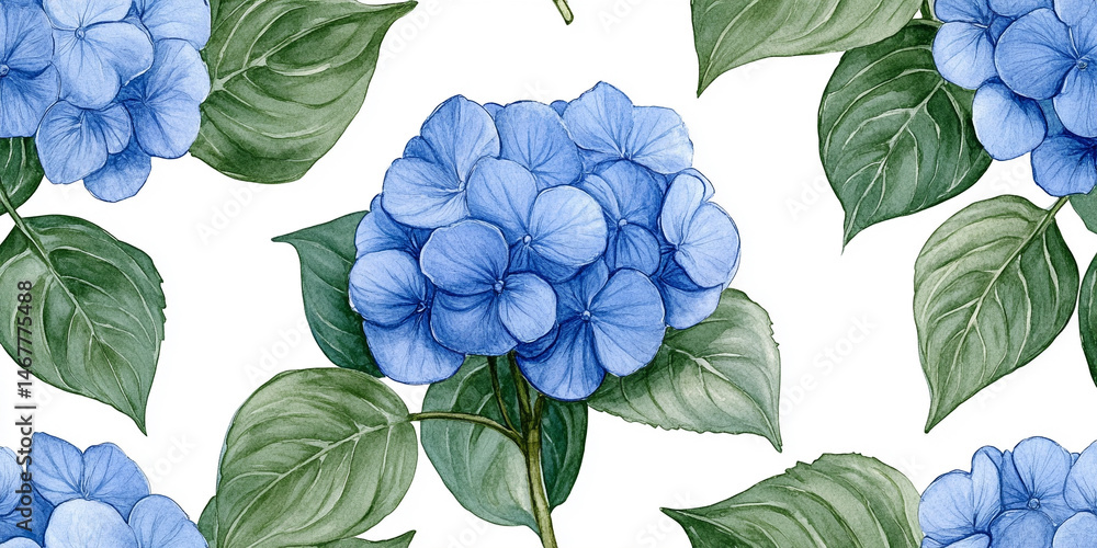Seamless pattern of watercolor blue hydrangeas creates a soft, elegant floral design. Symbolizes grace, gratitude, and heartfelt emotion in a timeless botanical aesthetic for prints or decor.