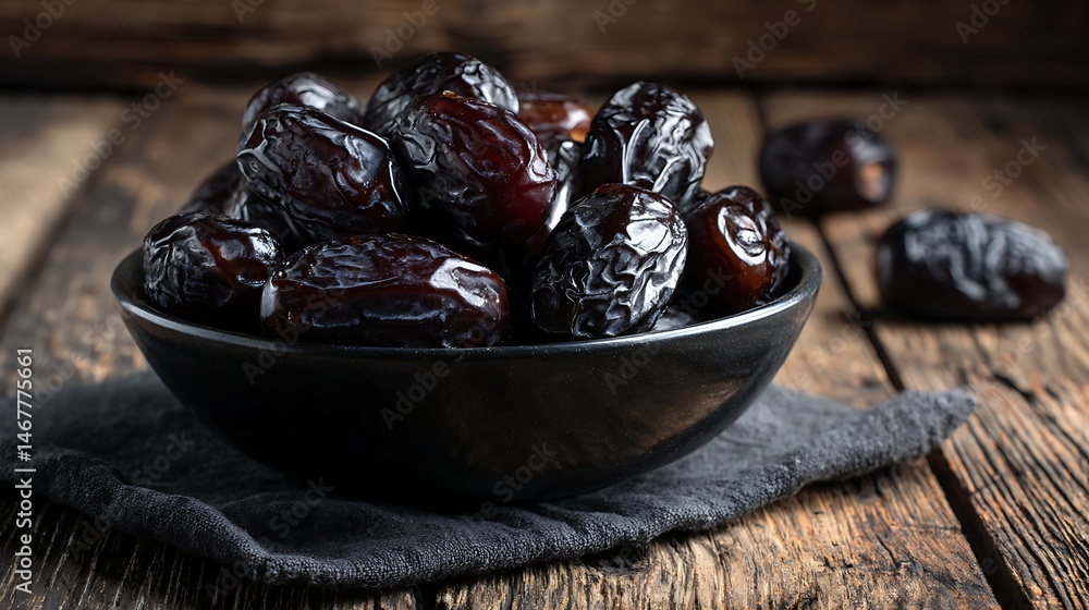 Moody still life of Middle Eastern healthy snack, glossy dates in a black ceramic bowl on a rustic wood plank. Moody still life of Middle Eastern healthy snack, glossy dates in a black ceramic bowl on a rustic wood plank.
