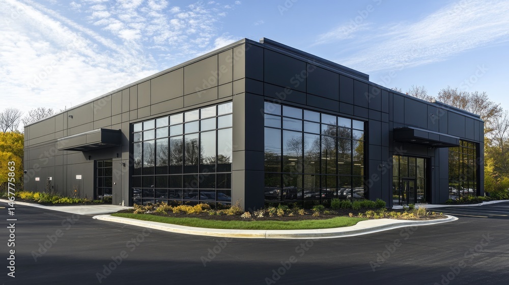 Modern Black Commercial Building Exterior with Large Windows and Landscaping Modern Black Commercial Building Exterior with Large Windows and Landscaping