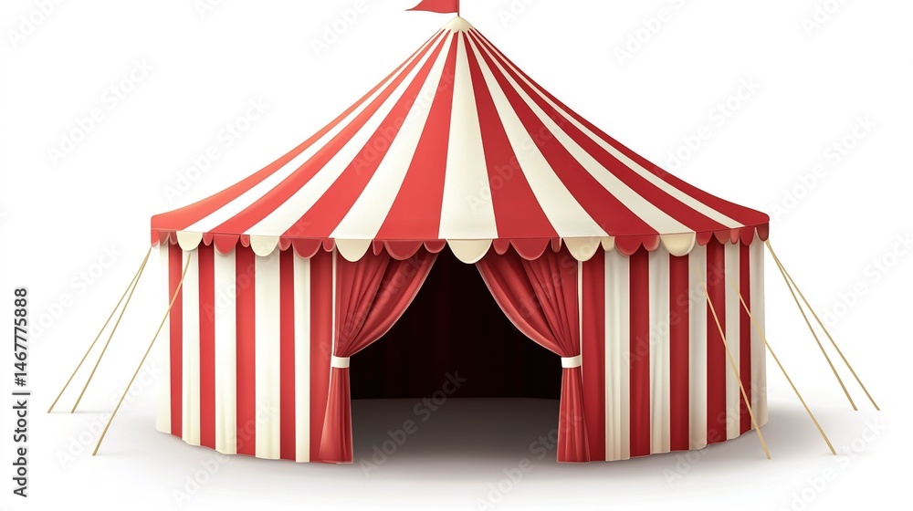A red and white striped circus tent with open entrance curtains.