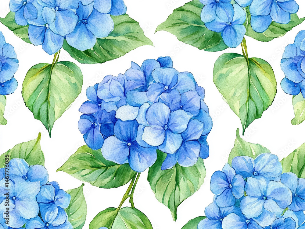 Seamless pattern of watercolor blue hydrangeas creates a soft, elegant floral design. Symbolizes grace, gratitude, and heartfelt emotion in a timeless botanical aesthetic for prints or decor.