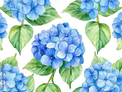 Obraz na płótnie Seamless pattern of watercolor blue hydrangeas creates a soft, elegant floral design. Symbolizes grace, gratitude, and heartfelt emotion in a timeless botanical aesthetic for prints or decor.
w salonie