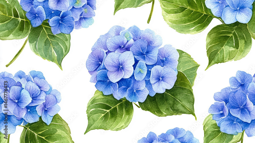 Seamless pattern of watercolor blue hydrangeas creates a soft, elegant floral design. Symbolizes grace, gratitude, and heartfelt emotion in a timeless botanical aesthetic for prints or decor.