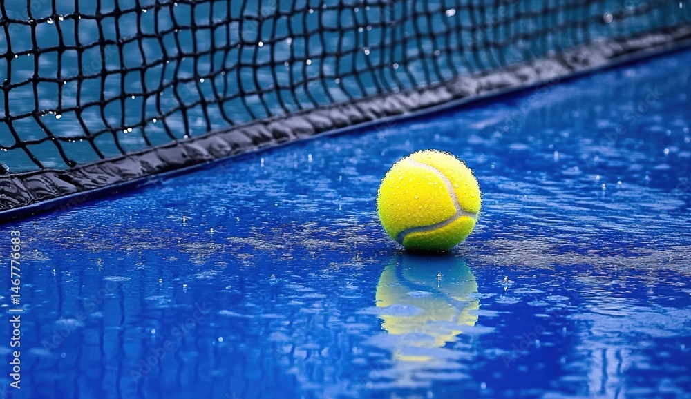 Tennis ball with water droplets on wet blue court near black net.