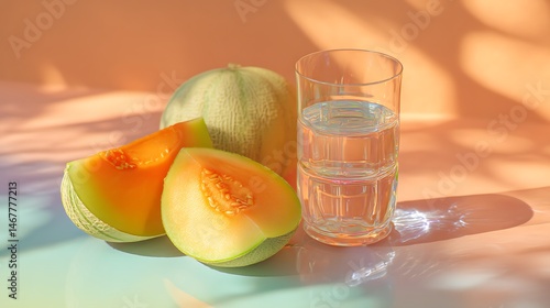 Refreshing still life of sliced melons, glass of water, and soft neutral shadows on a bright background, showcasing vibrant colors.