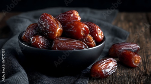 Rich brown organic dates in a sleek black bowl placed on dark grainy wood, moody food photography aesthetic.