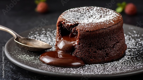Rich chocolate dessert with oozing lava center, spoon beside cake, powdered sugar on top, gourmet presentation in high contrast setting.